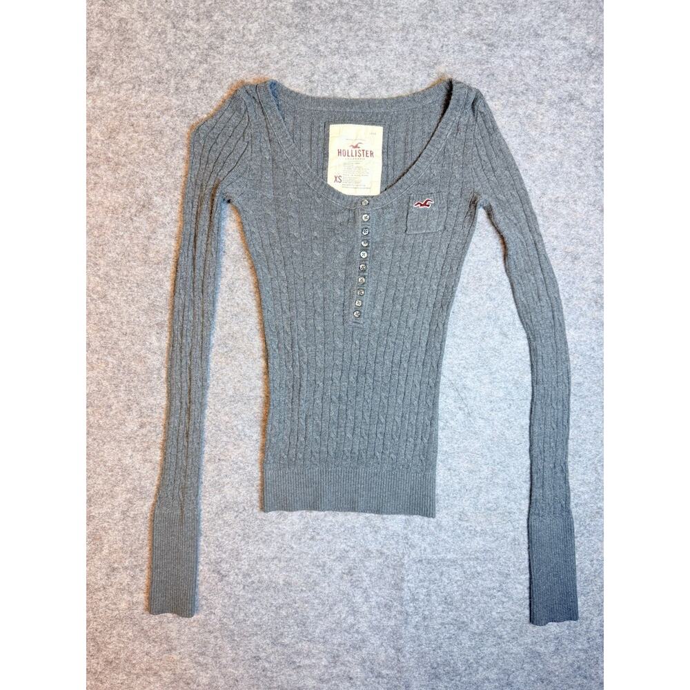 VTG Y2K Hollister Cable Knit Henley Gray Sweater Women's Sz XS Bella Swan Elena